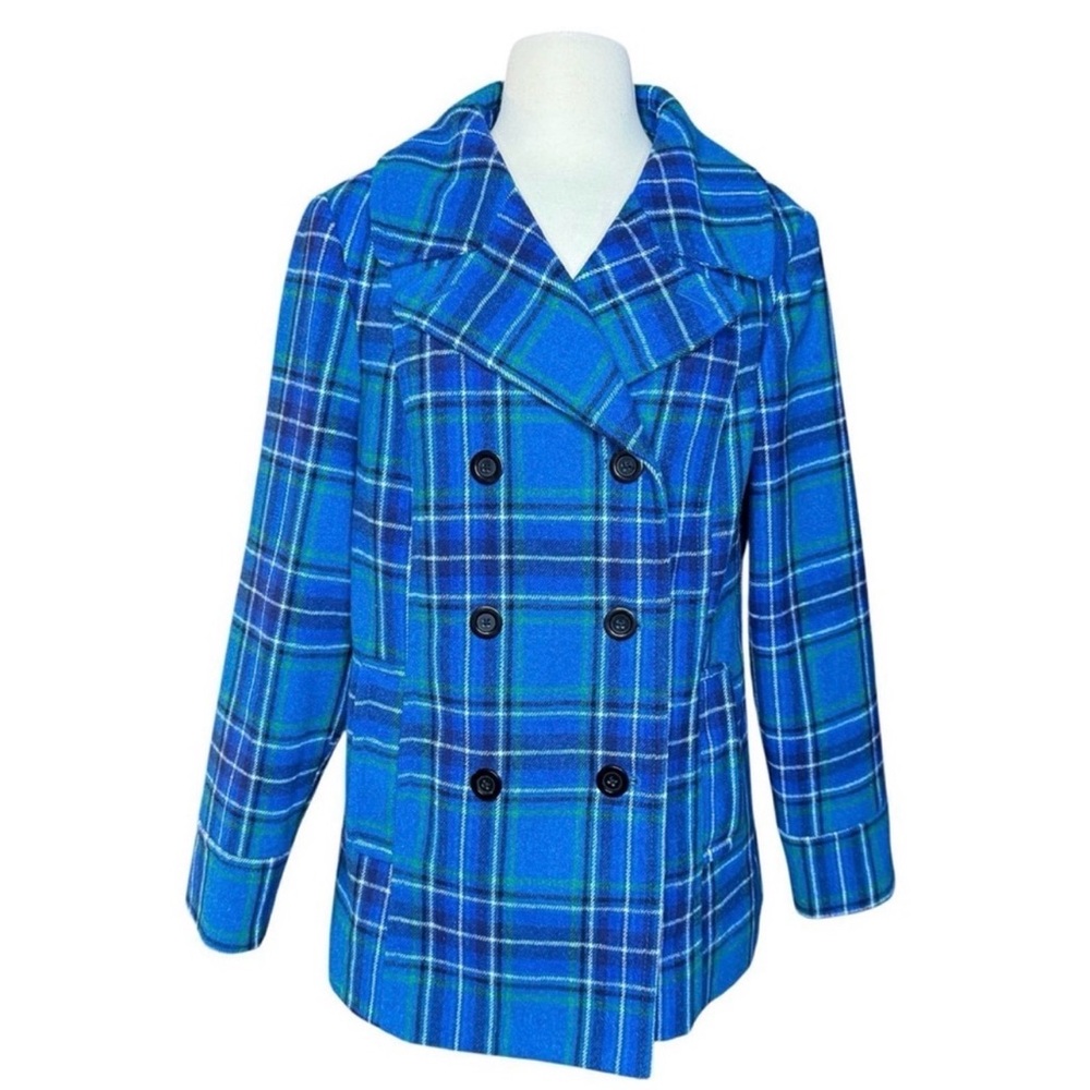 Old Navy Blue Teal Plaid Tartan Wool Peacoat Jacket Womens Large Preppy Pea Coat